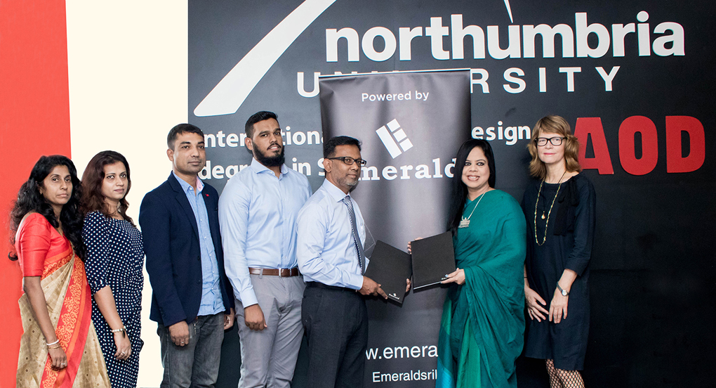 (From left) Sepali Hettiarachchi, Head of HR, Emerald International; Kisani Dahanayake, Head of Marketing, Emerald International; Arun Kumar, Head of Design and Development, Emerald International; Ahmed Ikram, Manager Operations, Emerald International; Fazni Amanullla, General Manager, Emerald International;  Ranmal Ekanayake, CEO, AOD and Karen Macleod, Principal , AOD.