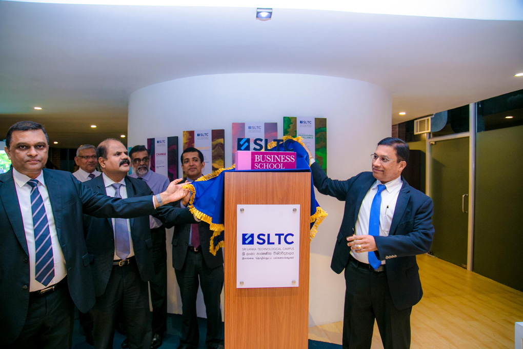 Eng. Rubasinghe, Mr. Sirisena and Prof Samarakoon unveiling the SLTC Business School logo